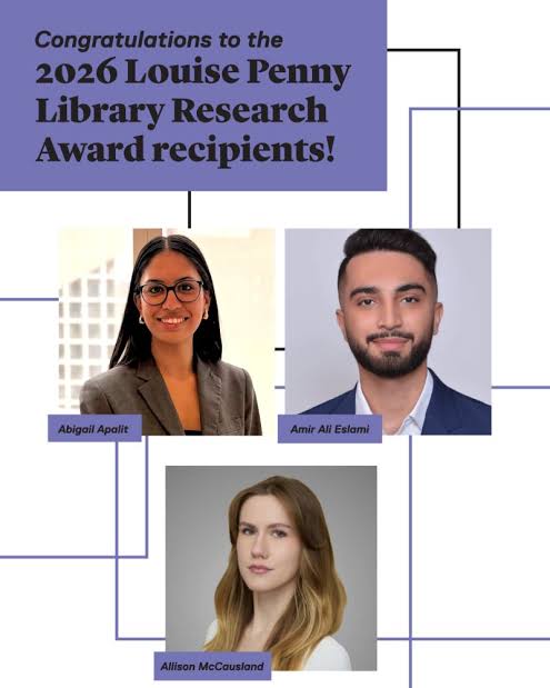 Portraits of three student recipients of the Louise Penny Library Research Award.